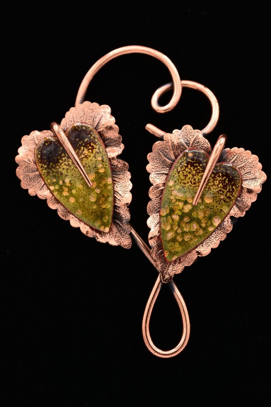 Matisse Renoir Vintage Leaf Pin Brooch Copper Green Enamel Autumn Signed Bin7